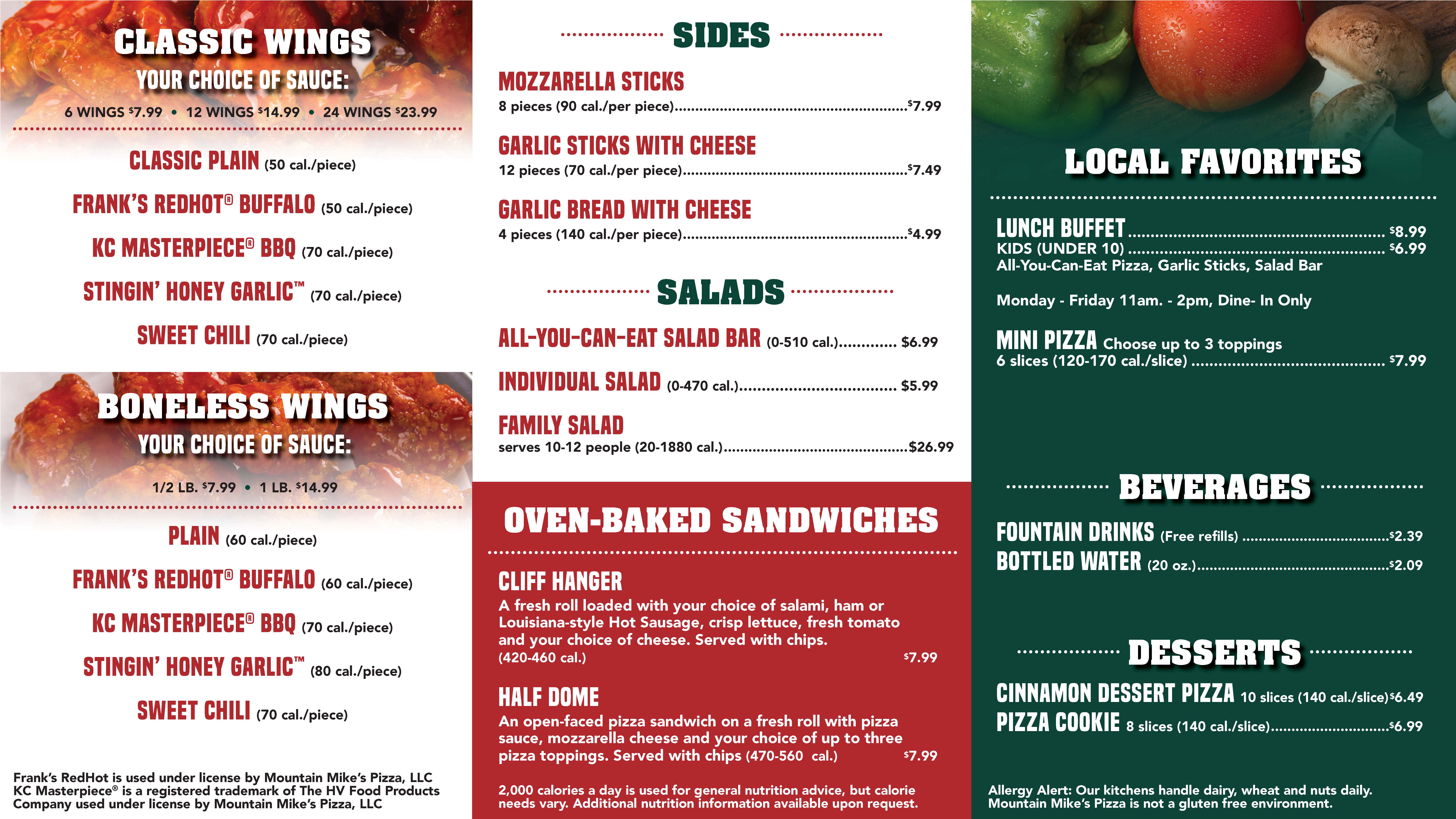 Menu for chicken wings, sandwiches, buffet, beverages, and desserts.