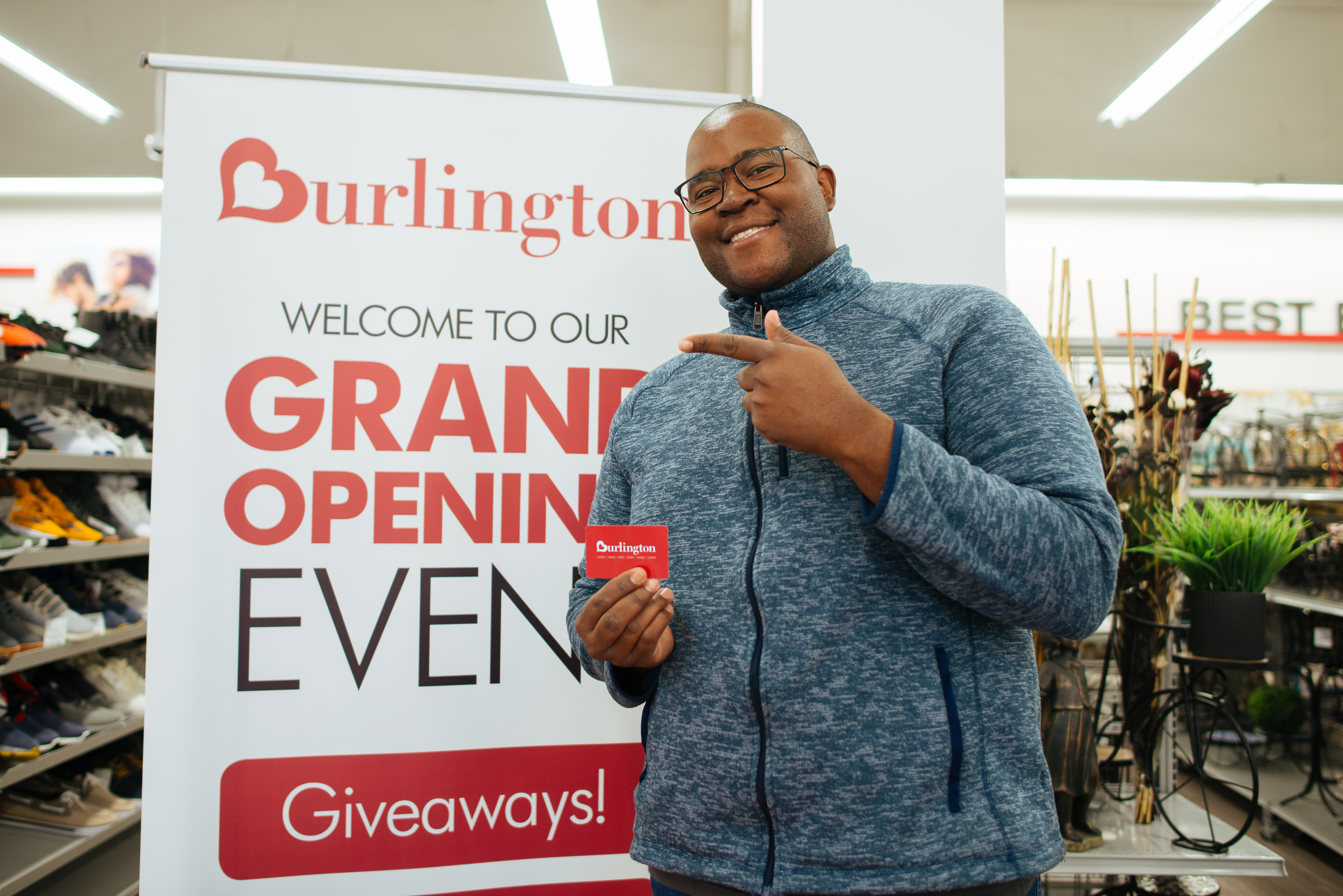 Man happy with winning a Burlington gift card.