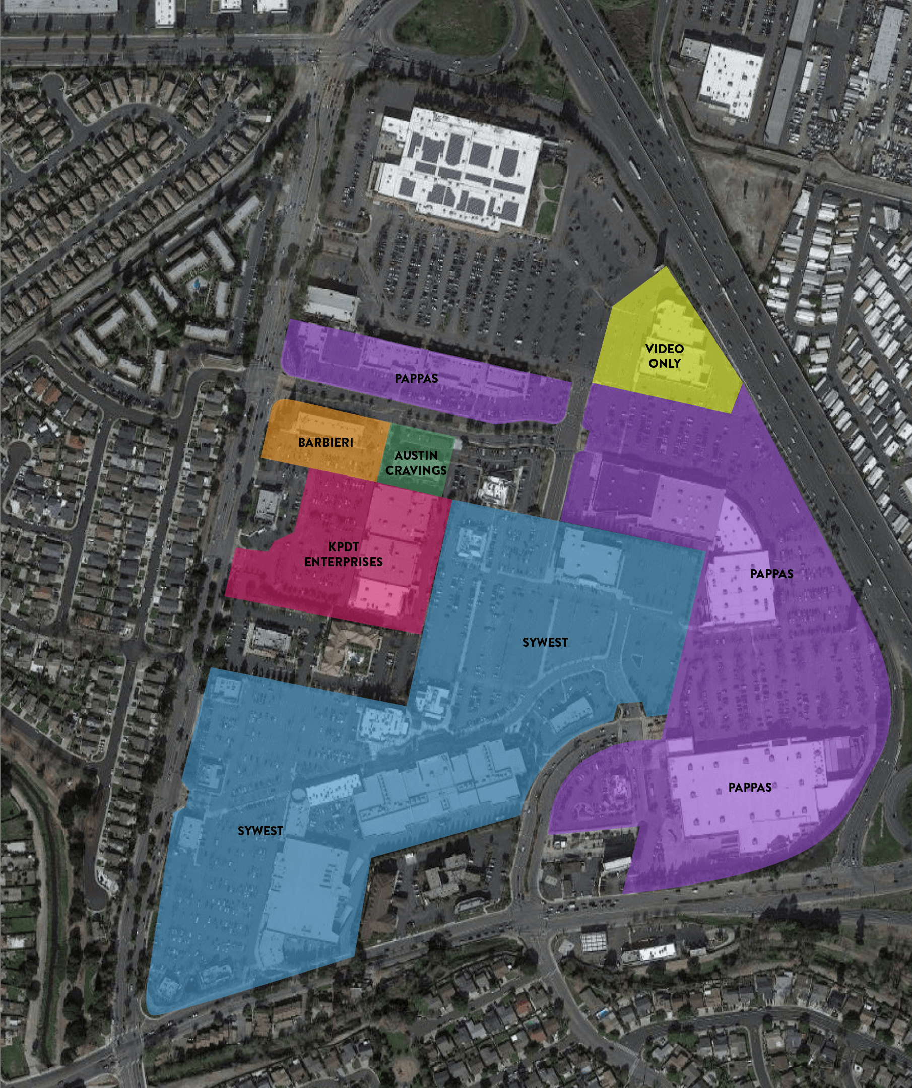 An ariel view of the Union Landing shopping center with the stores numbered for the directory.